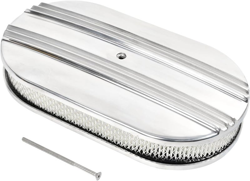 TBAPFS 15" Polished Aluminum Air Cleaner Assembly Kit Alloy Oval Partial Half Finned with Element - Image 1